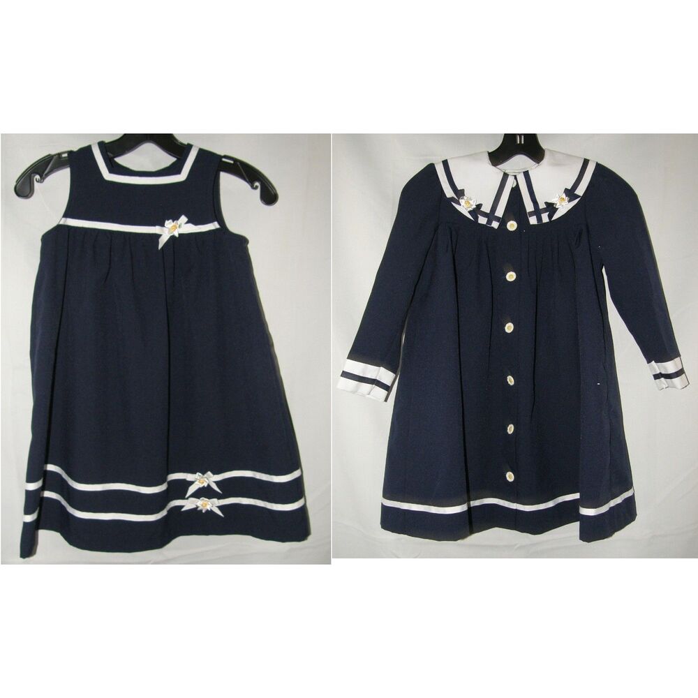 Girls Sz 6 Nautical Theme Navy Blue Sleeveless Dress & Matching Jacket 2 Pc Set